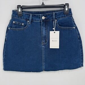 ELLEVEN Dark Wash Denim Mini Skirt Raw Hem Size M NWT